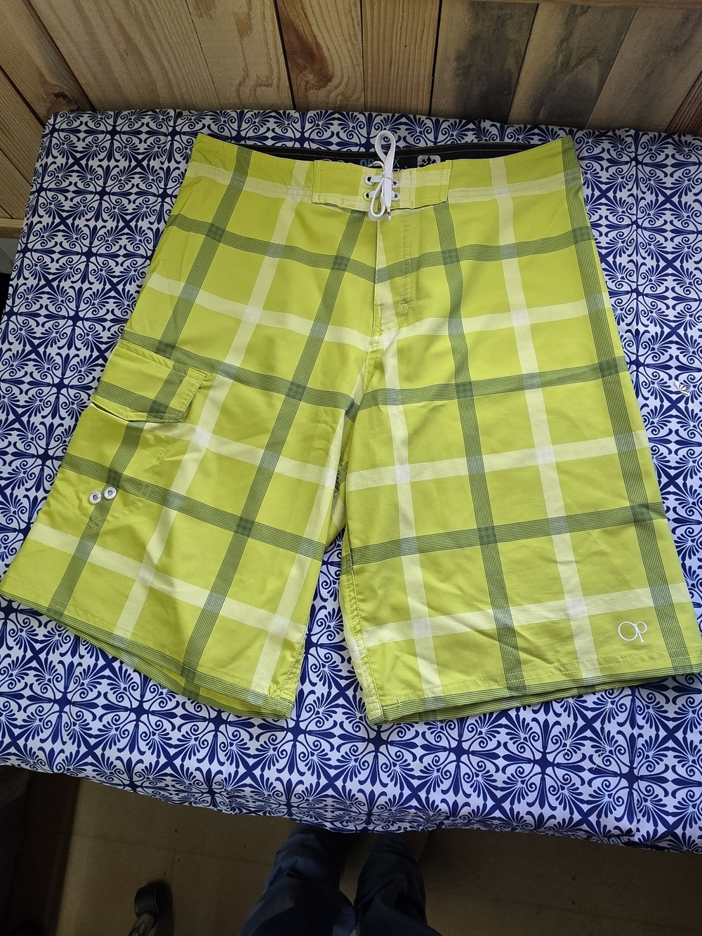 OP Lime & Olive Plaid Men's Swim Board Shorts